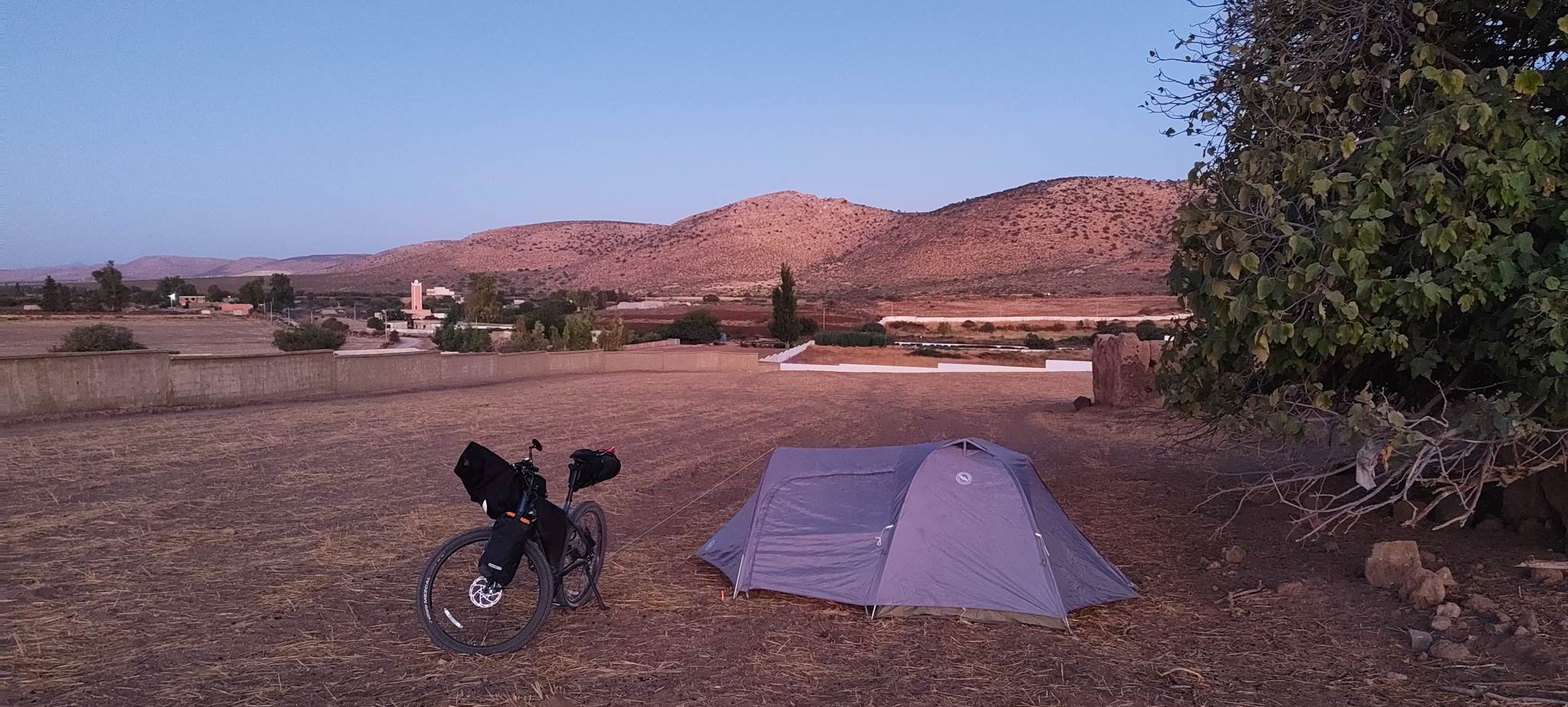 Camping spot in a field behind some trees
