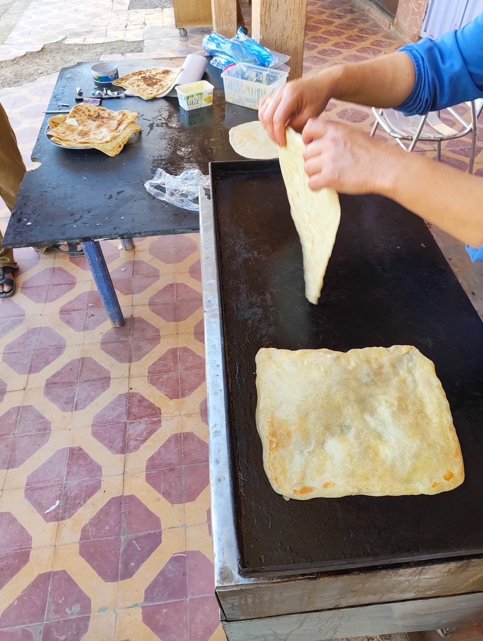 Msemen, a type of flatbread which I often ate for breakfast. It's usually served with honey or jam and tea